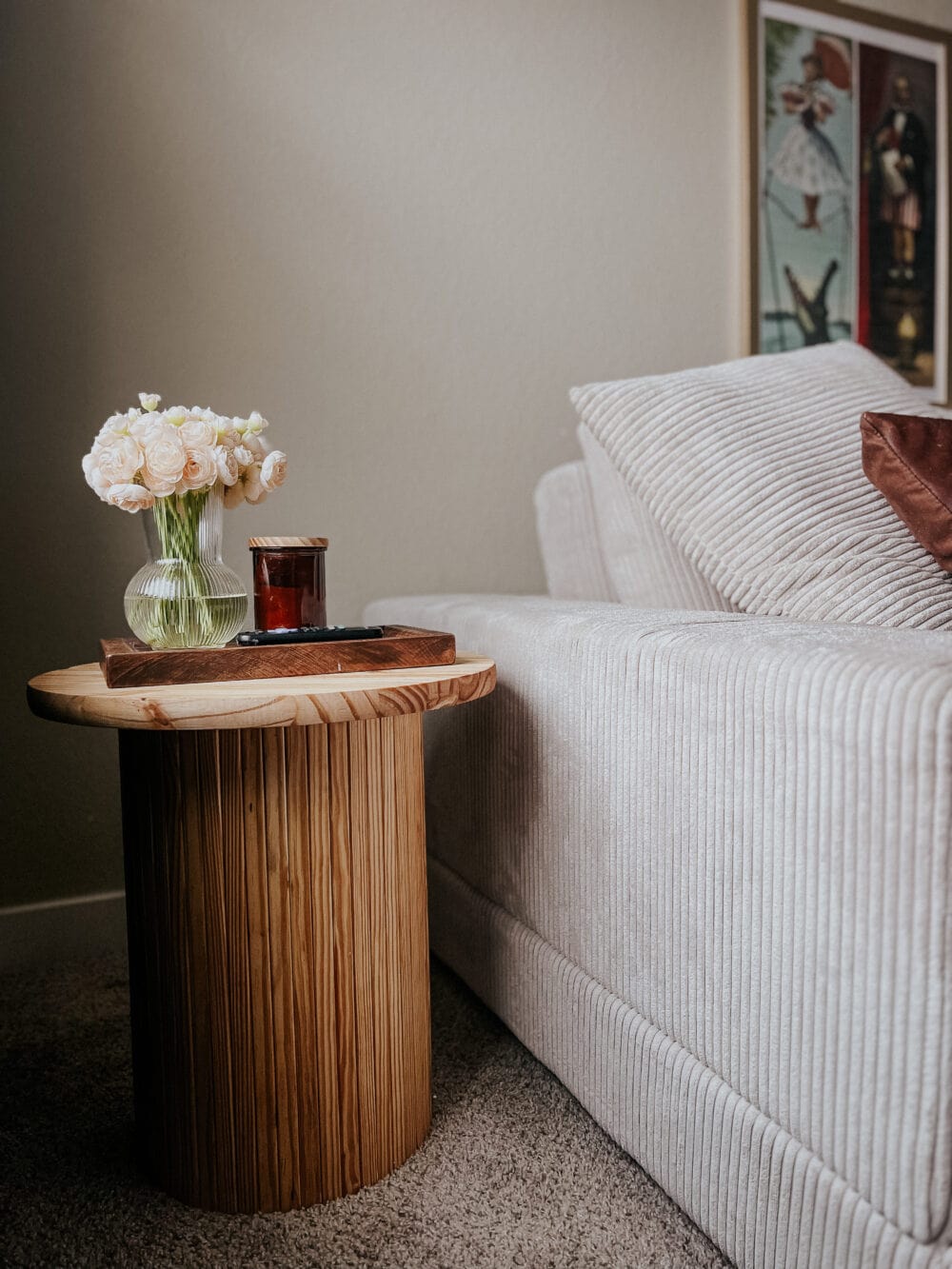 close up of DIY fluted side table made from a concrete form 