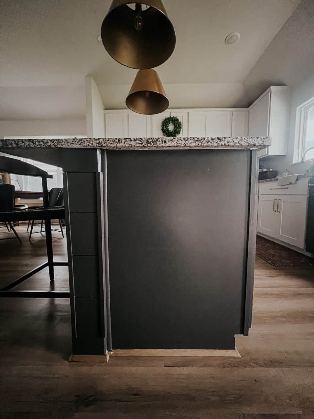 side view of kitchen island that has been painted and sealed with laquer