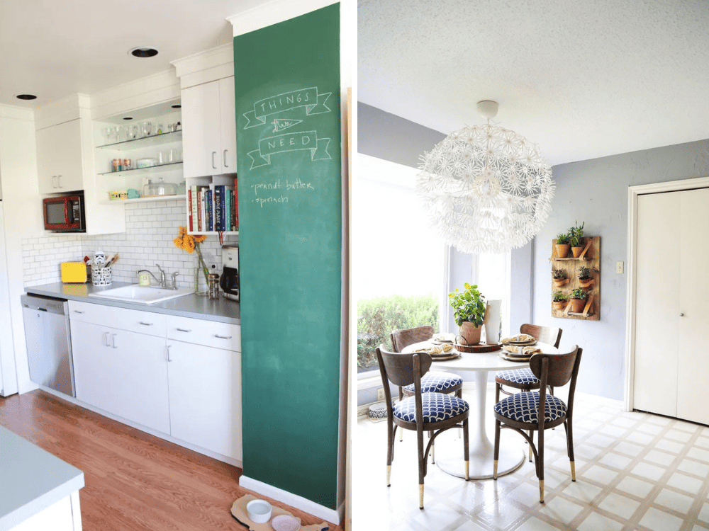 collage of two images, the left is a chalkboard wall in a kitchen and the right is an eat in kitchen with a diy wall plant hanger