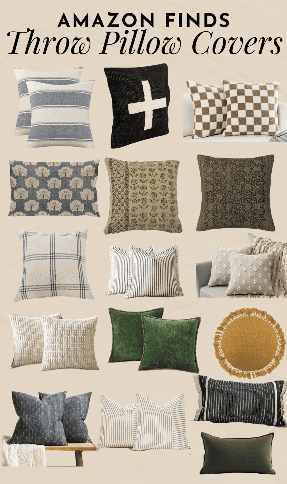 a collage of throw pillow covers from Amazon