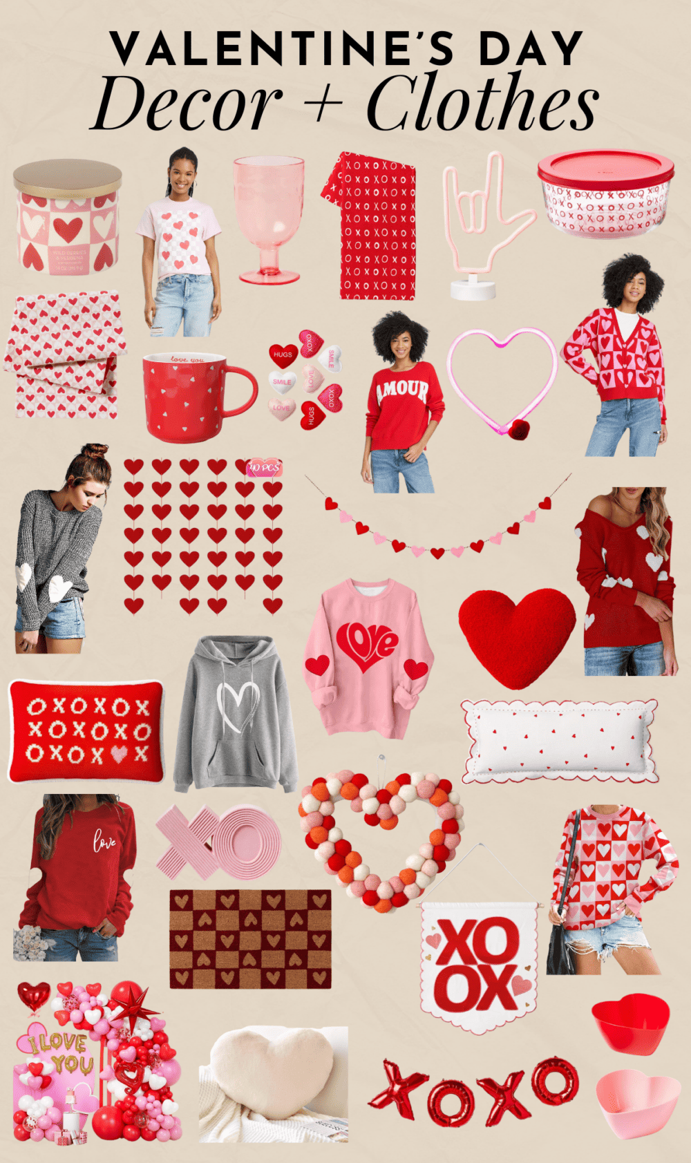 collage of Valentine's day decor and sweaters 
