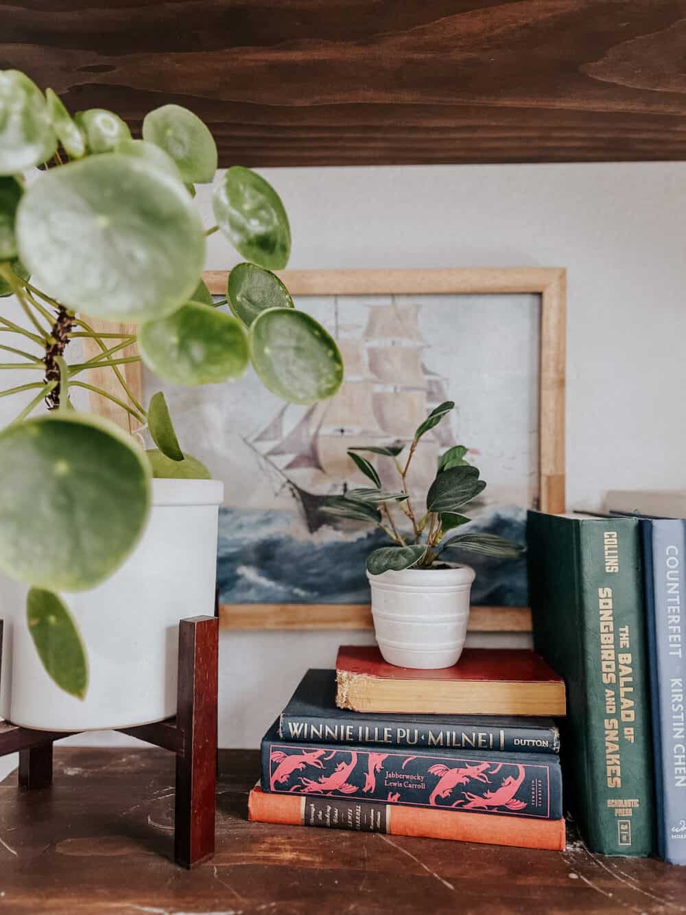 close up of shelf decor on a set of floating shelves