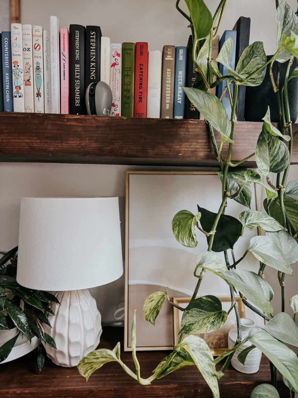 floating shelves in a living room with a lamp and books 