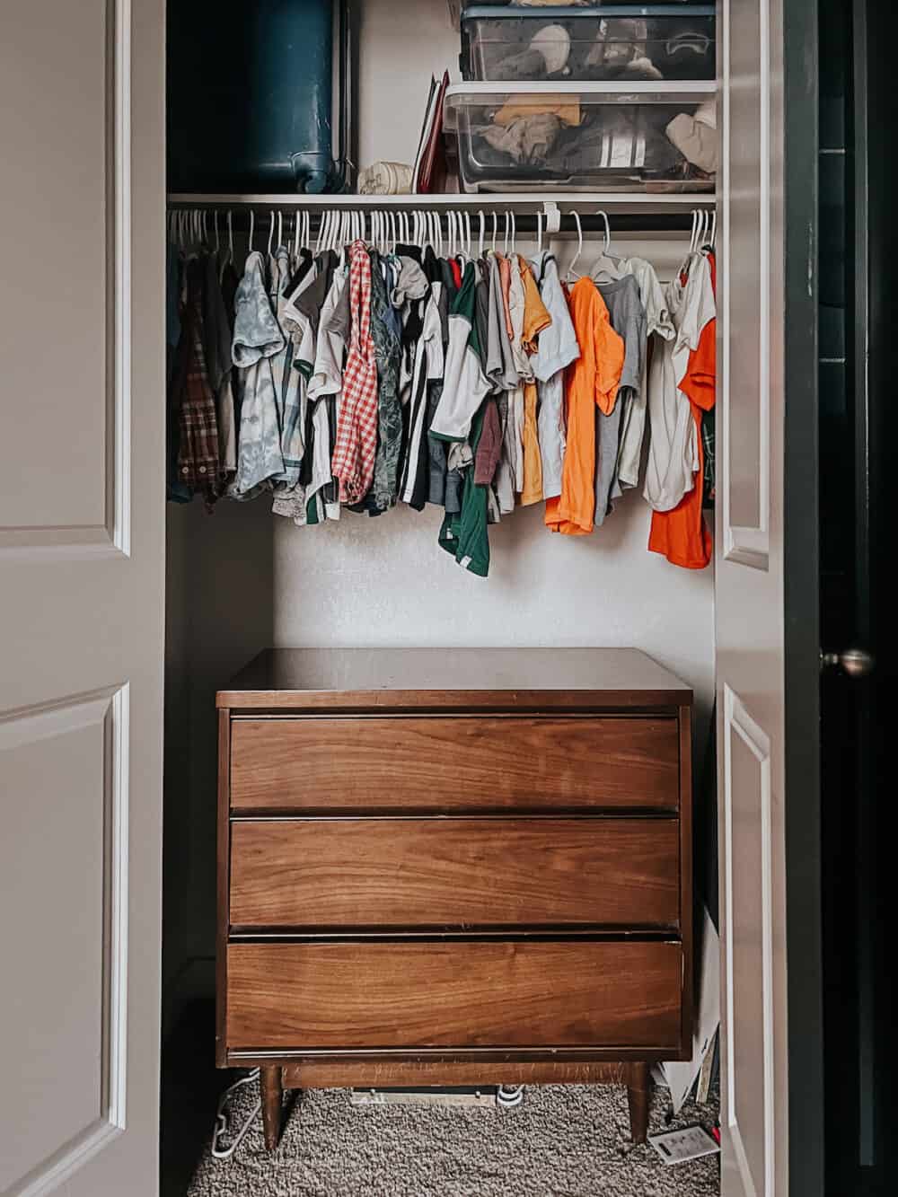 small reach-in closet with a dresser in the bottom half