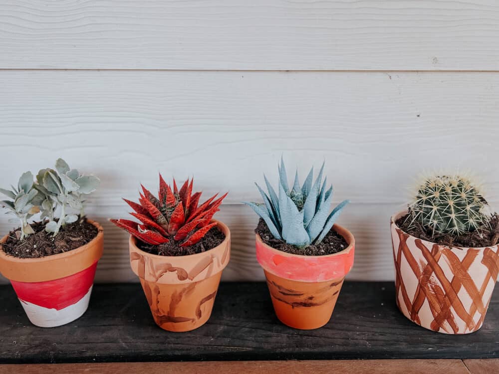 A collection of painted flower pots