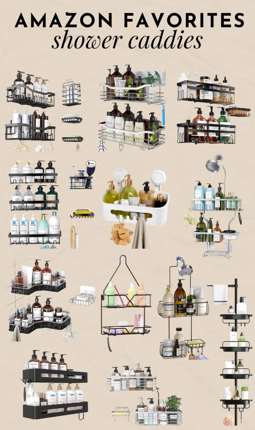 collage of shower caddy options from Amazon