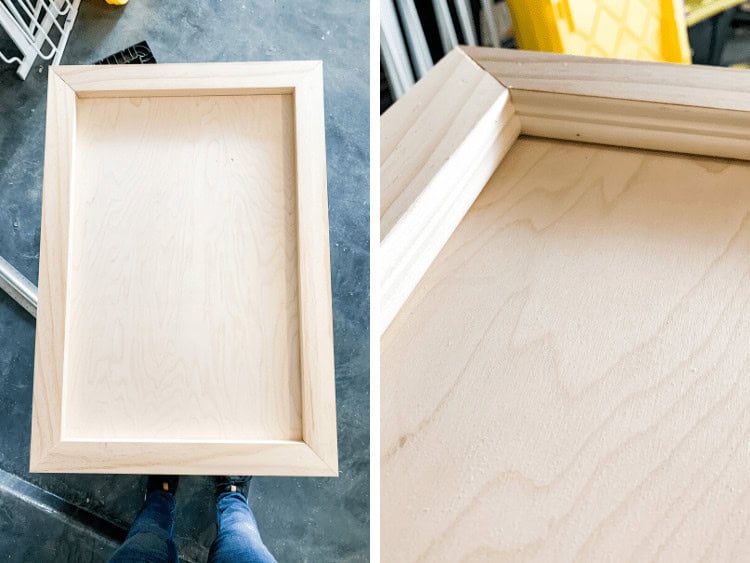two images of trim added to a piece of plywood