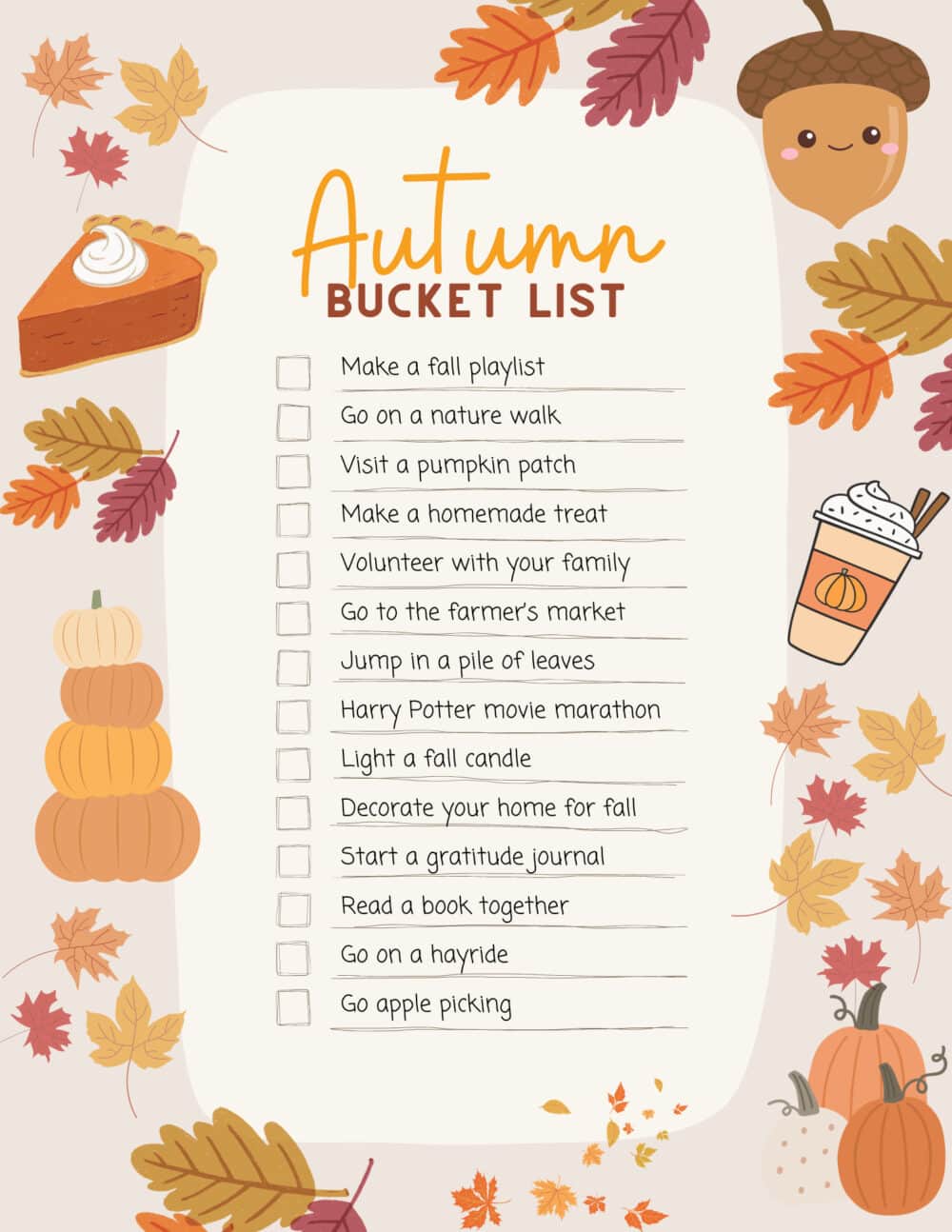 a fall bucket list with activities for autumn