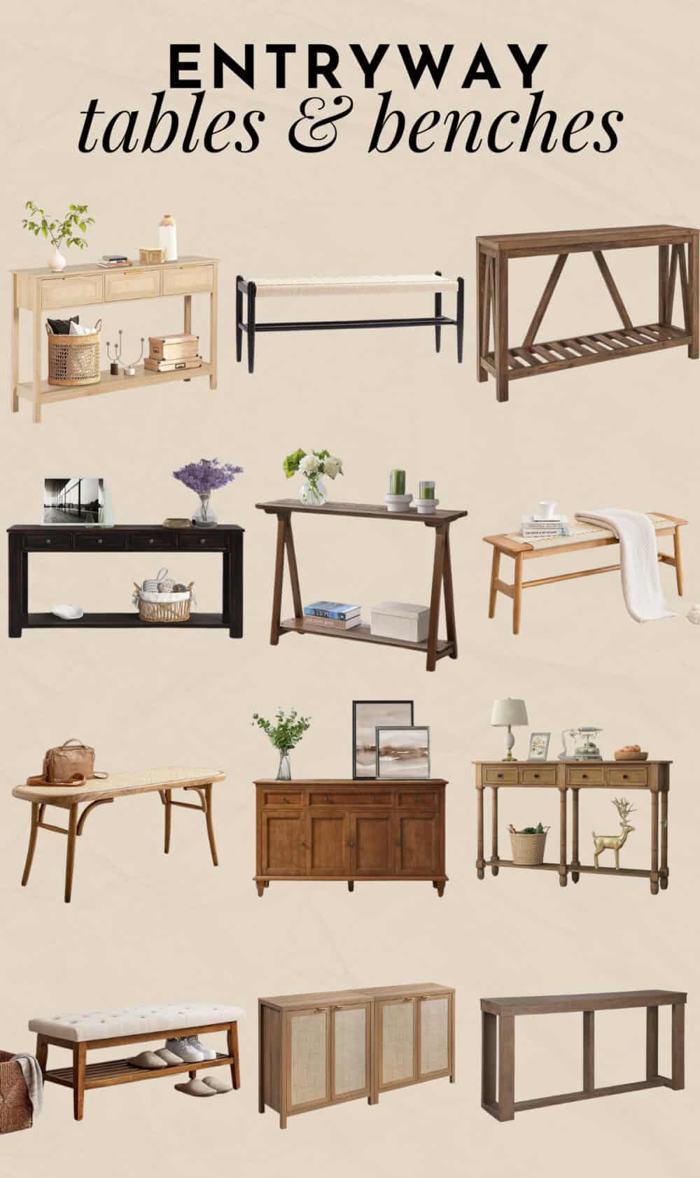 collage of entry tables and benches