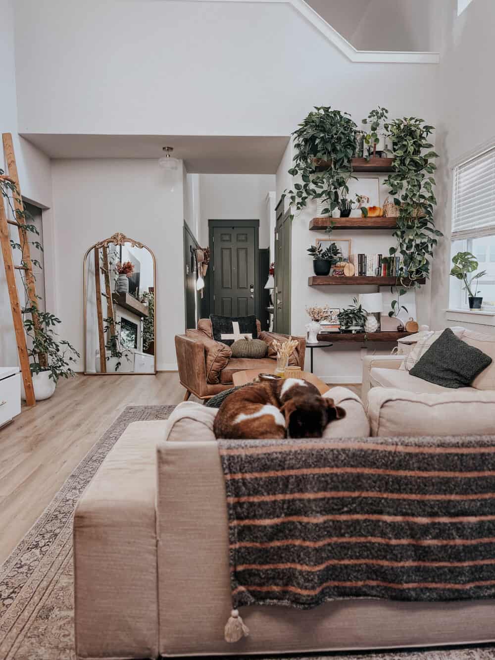 A living room with a chunky knit throw blanket thrown over the couch