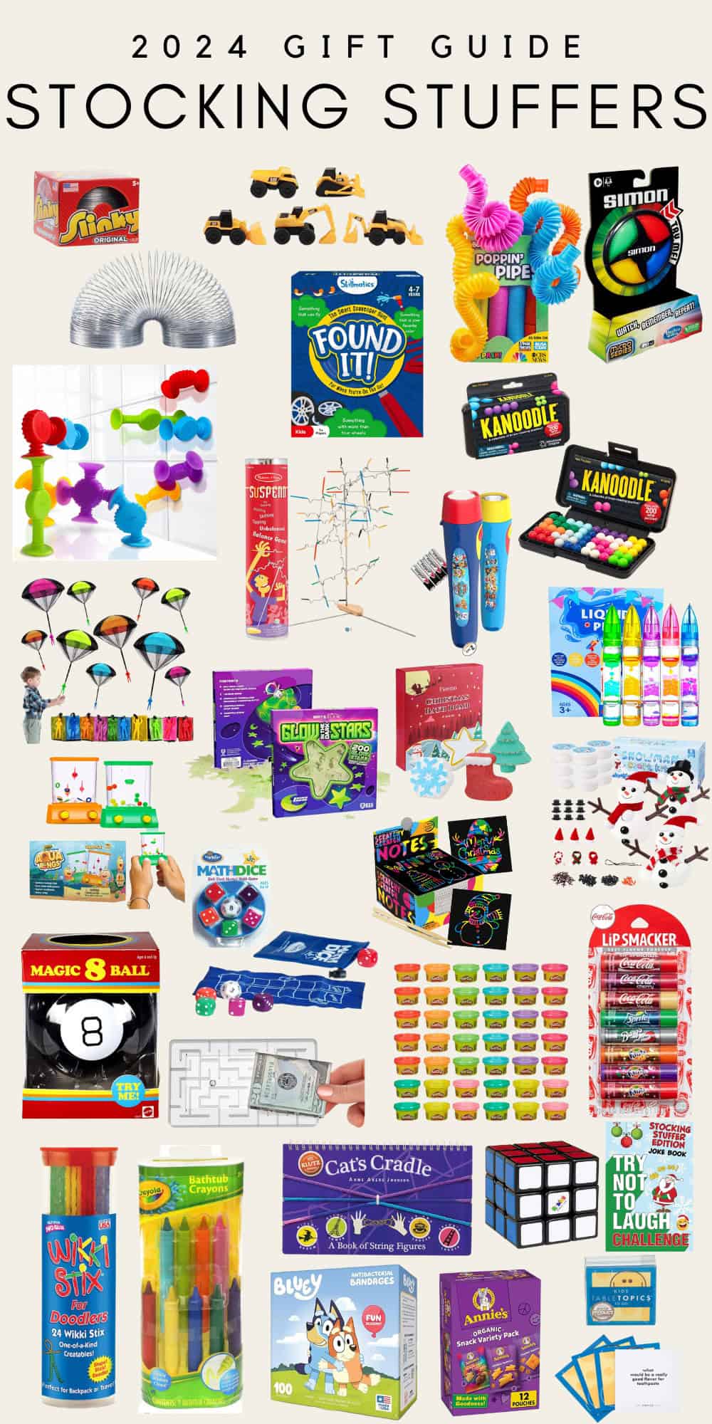 Collage of stocking stuffer ideas for kids 