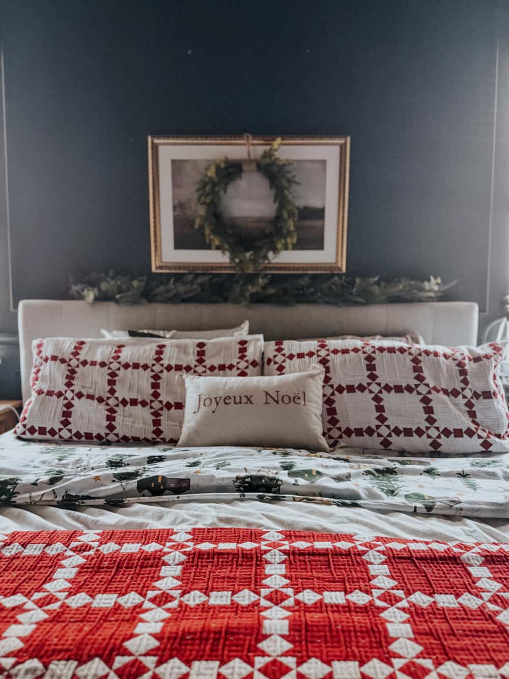 bed with Christmas bedding