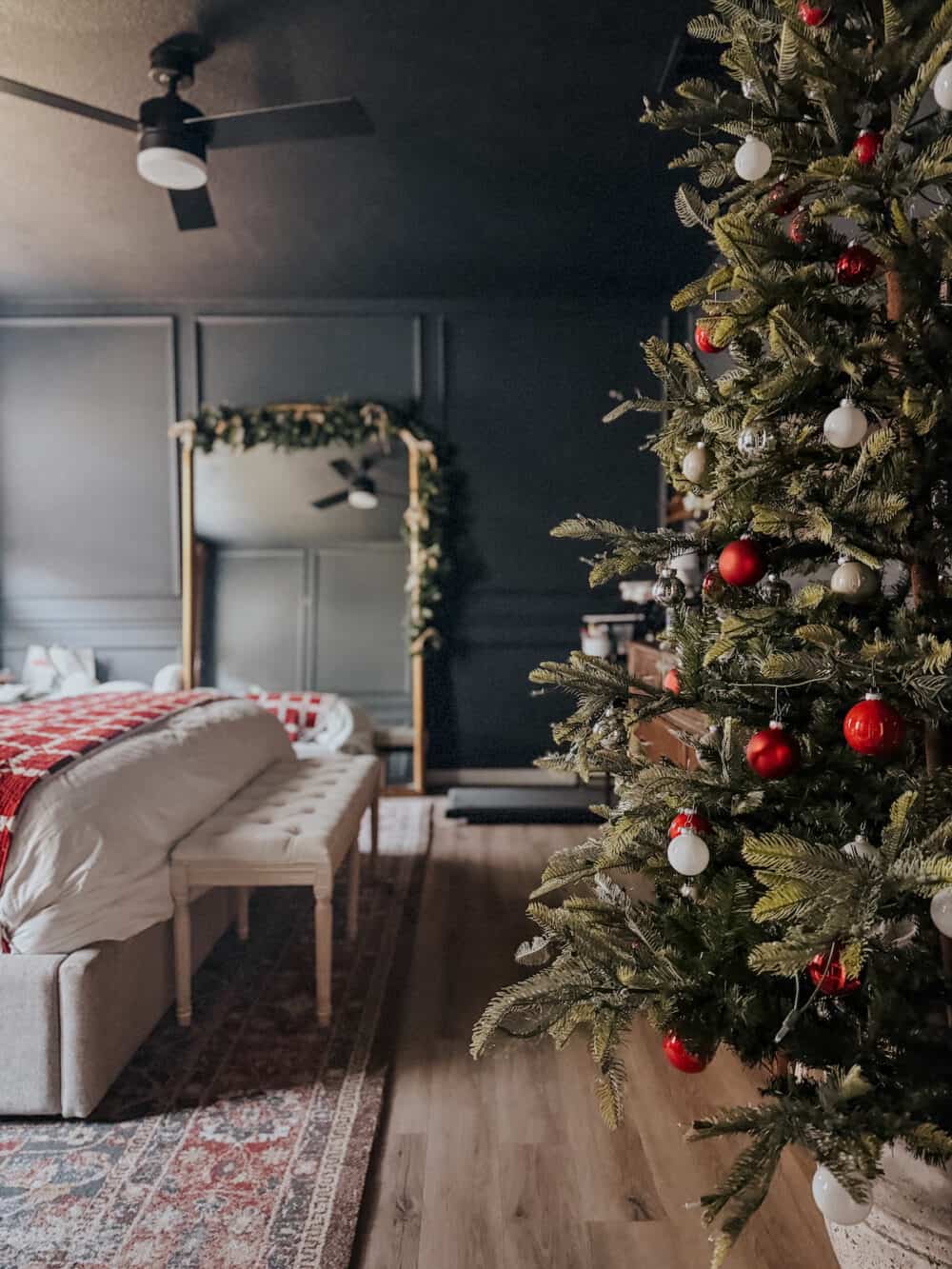 bedroom decorated for Christmas