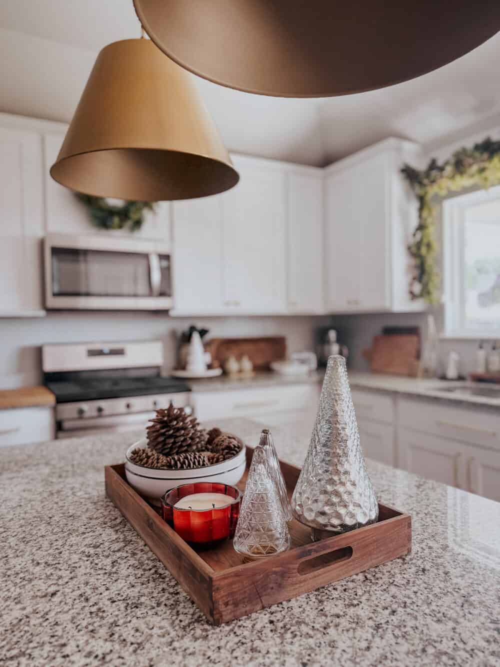 kitchen island decorated for Christmas