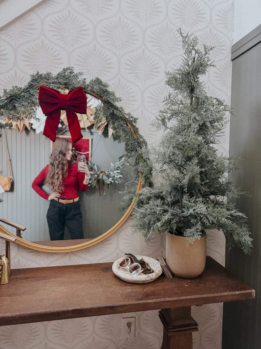 entry table decorated for Chrismtas