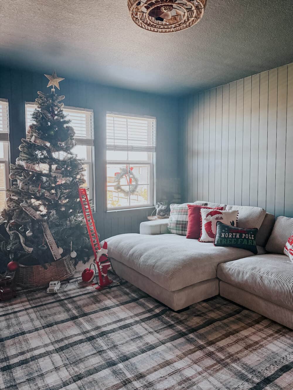 great room decorated for Christmas