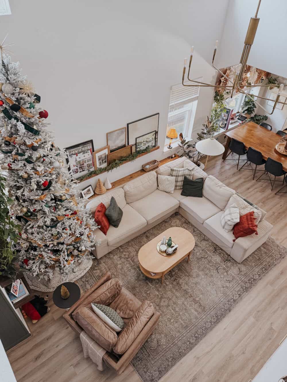 overhead view of living room decorated for Christmas