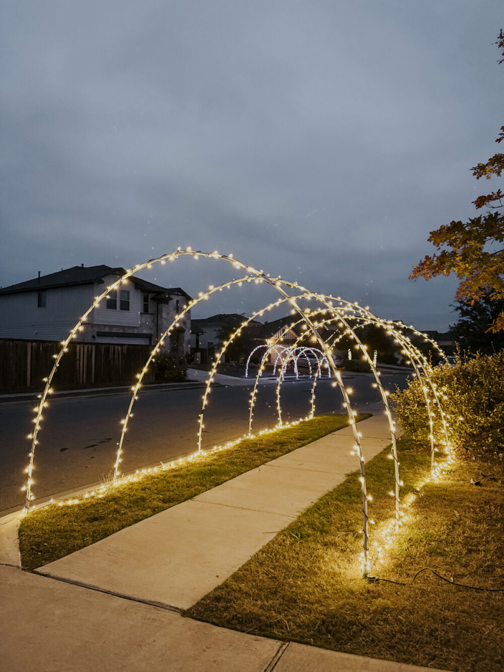 lighted Christmas arches on a sidewalk
