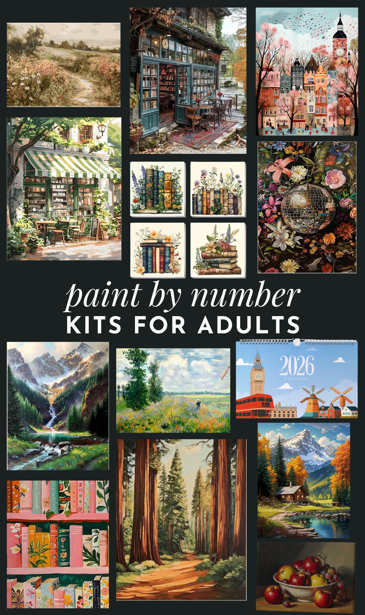collage of paint by number kits for adults