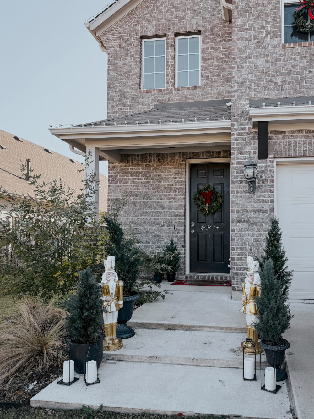 front entry of home decorated for Christmas