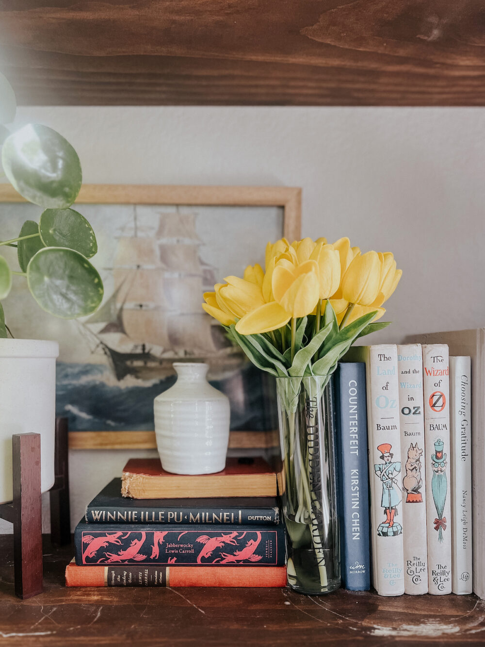 shelves with faux tulips