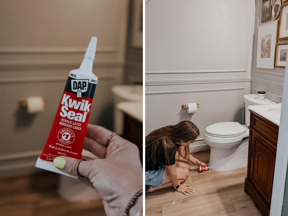 two images of an on the go sized Kiwkseal adhesive caulk from DAP