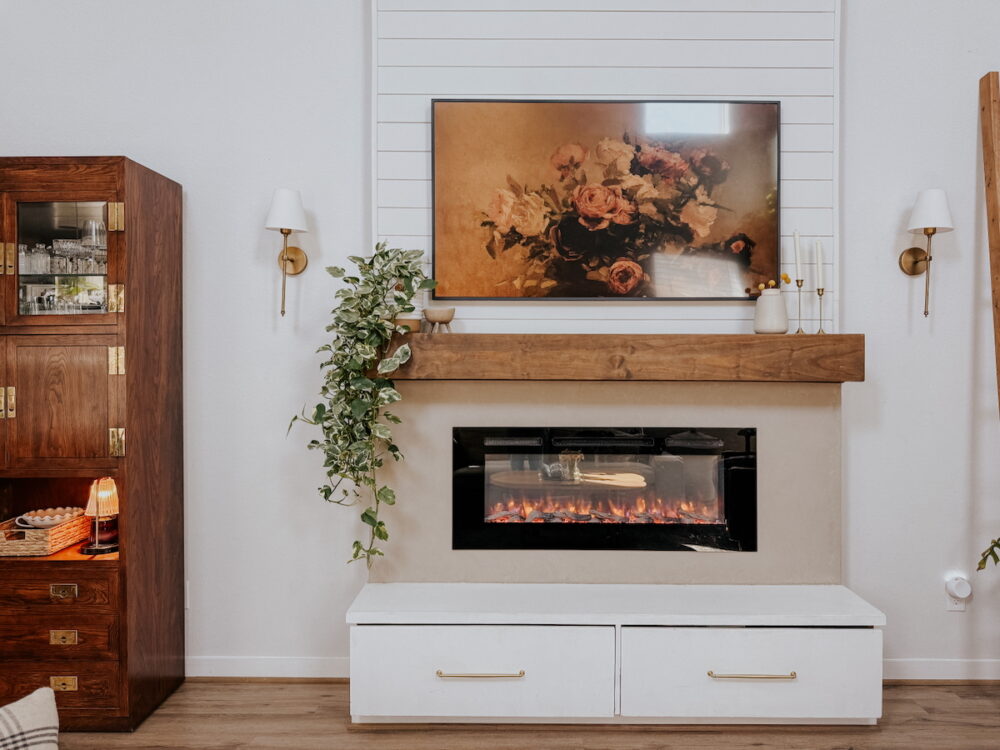 living room with a DIY electric fireplace