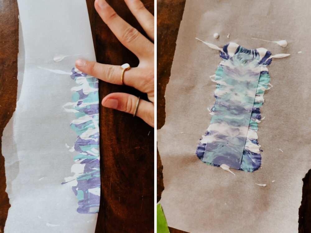 two images, on the left you see a piece of parchment paper folded over with paint on it. On the left, an acrylic bookmark pressed into the paint on the open parchment 