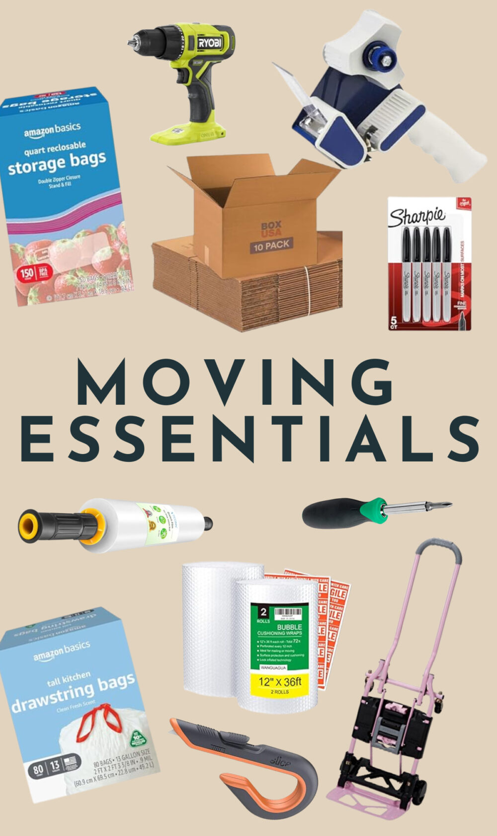 collage of images of various moving essentials for packing and prepping for a new home 
