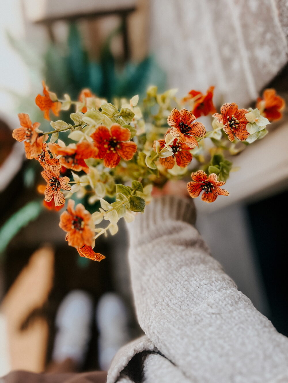 close up of faux mums for fall