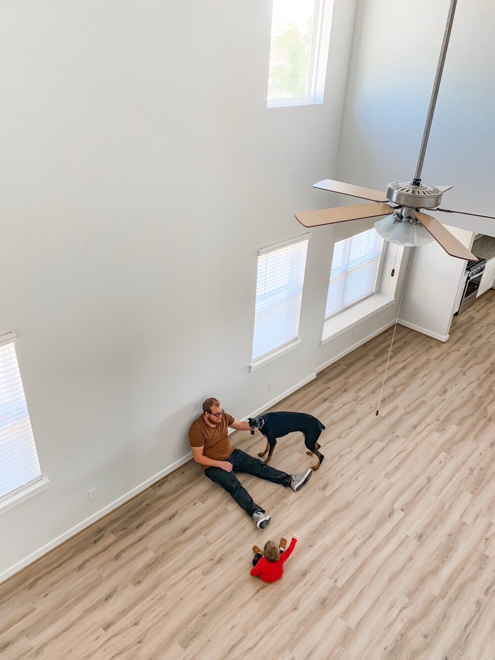 overhead shot of a man, a baby, and a dog in an empty living room