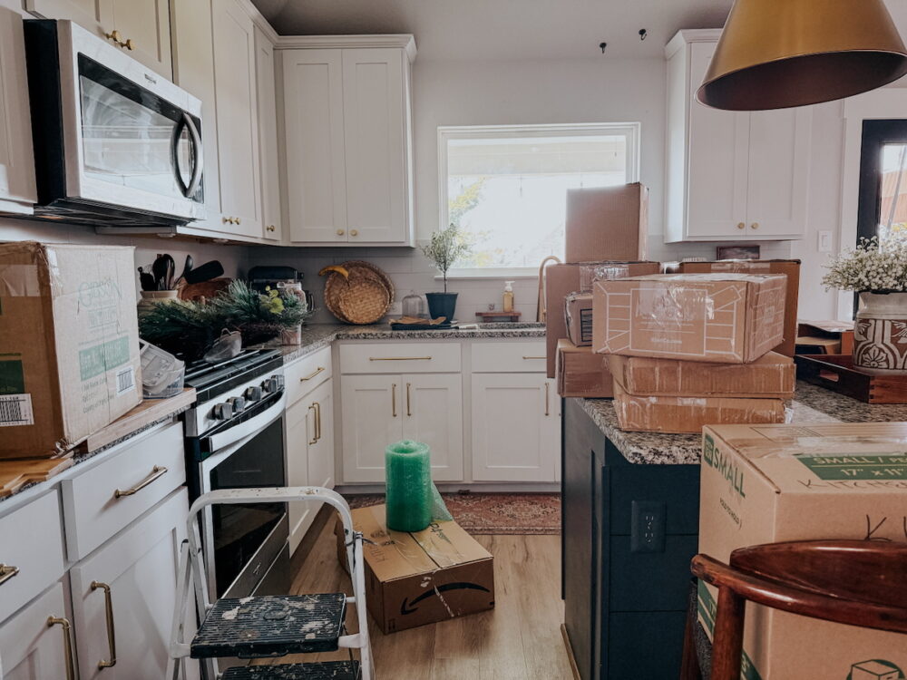kitchen with moving boxes