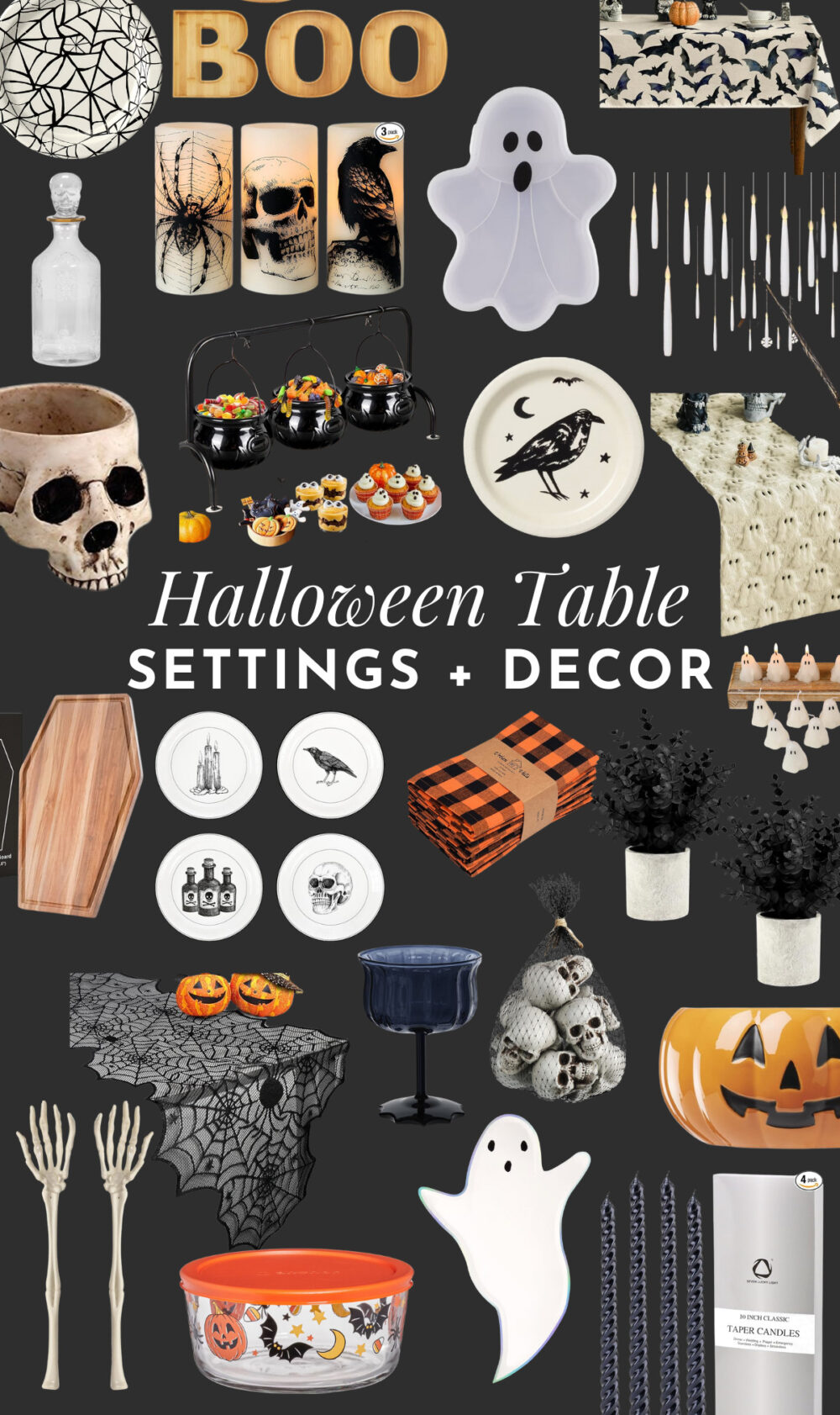 collage of halloween table settings and table decor for Halloween 