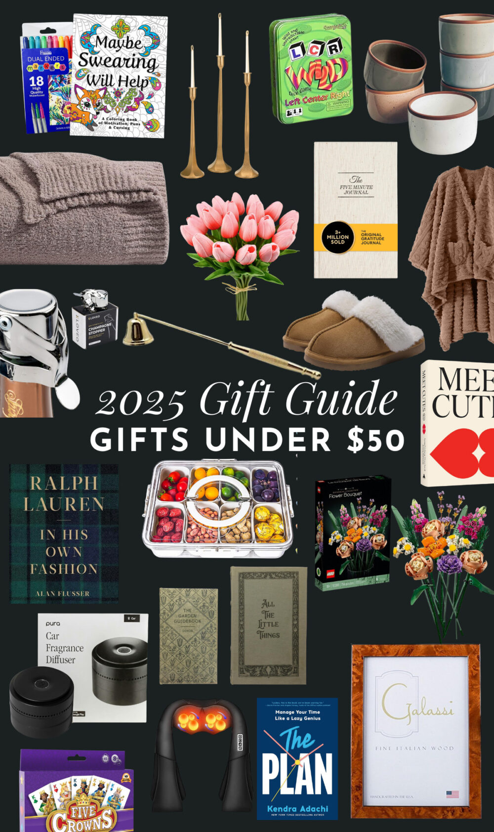 collage of gift ideas under $50 for the 2025 holidays 