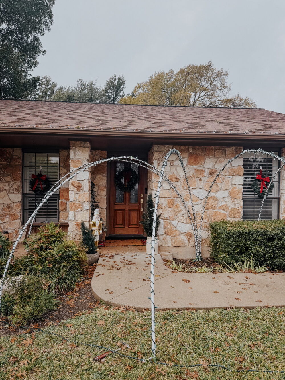 front porch decorated for Christmas 