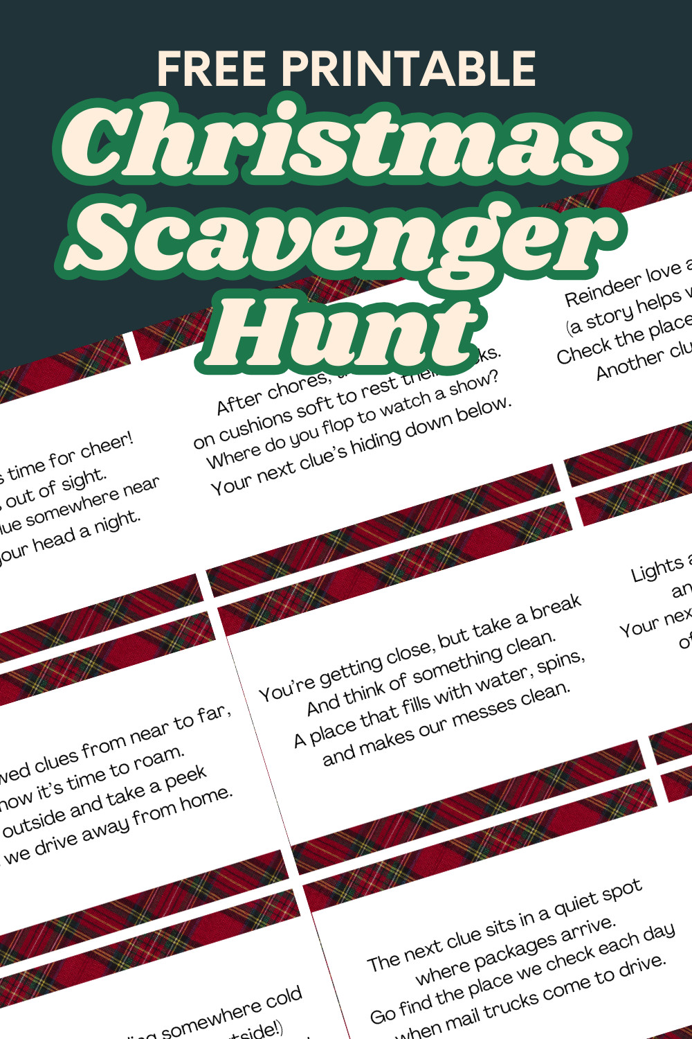 Christmas scavenger hunt graphic with clues 