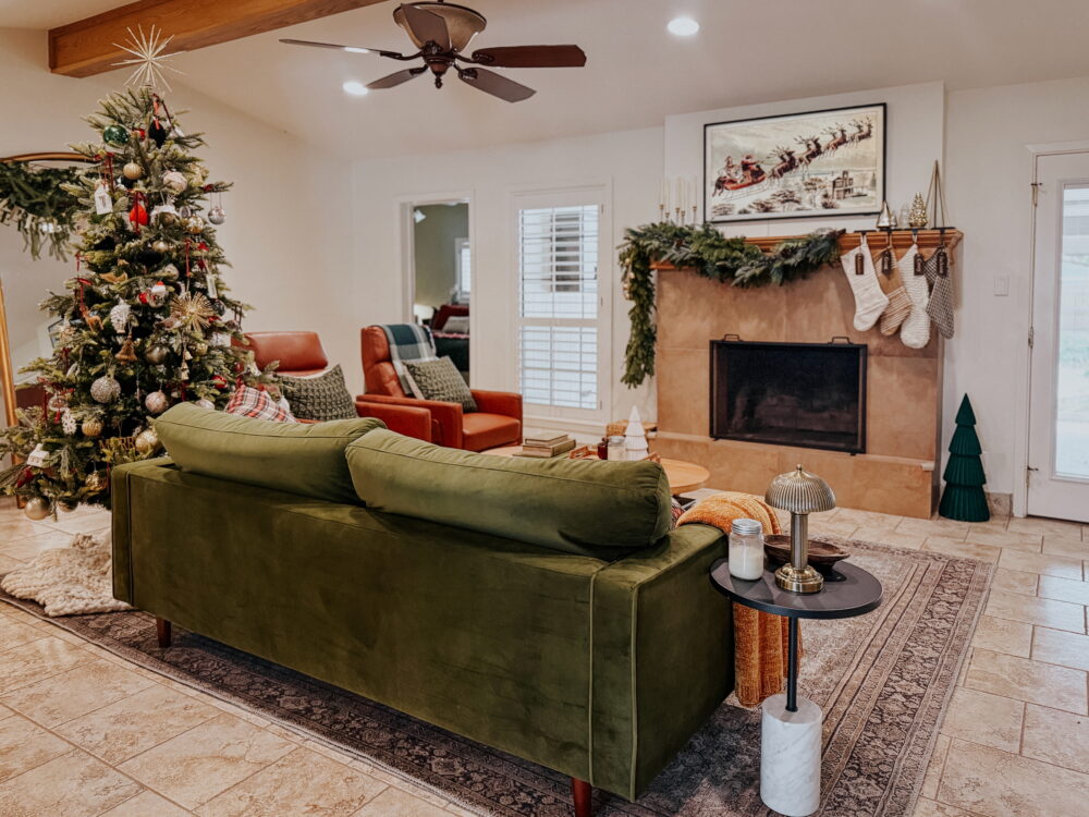 living room decorated for Christmas 
