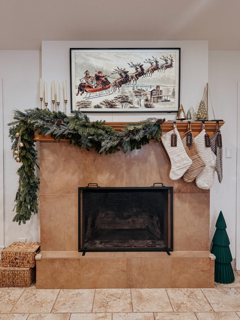fireplace decorated for Christmas