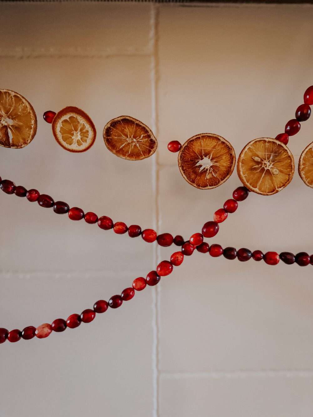 close up of diy cranberry garland