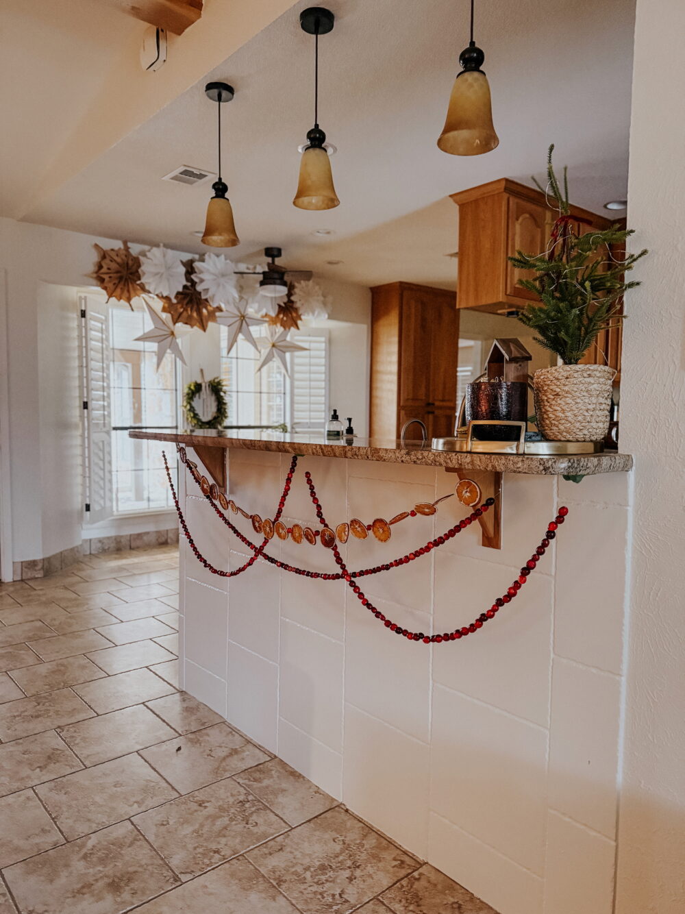 kitchen bar with DIY cranberry garland