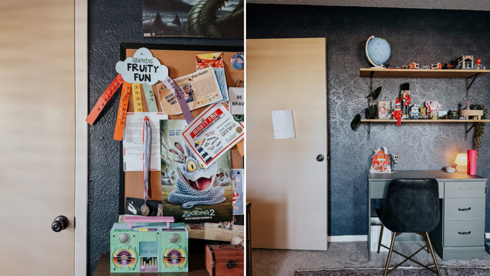collage of images of a child's room painted dark blue