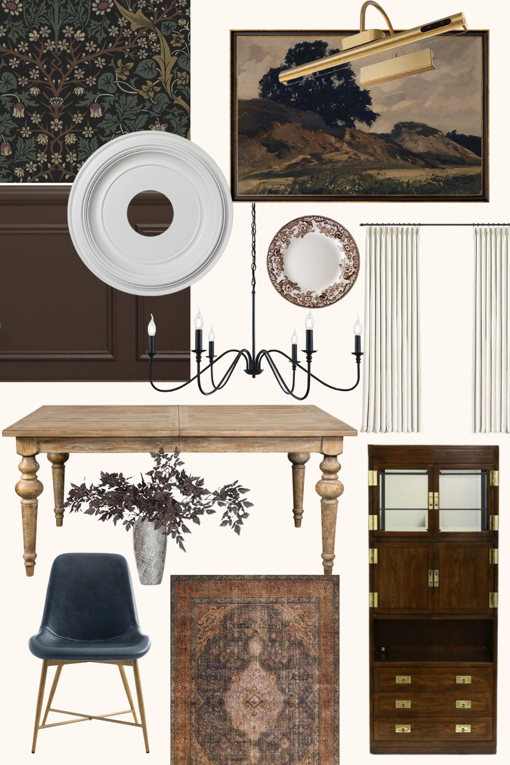 collage of inspiration for moody traditional dining room