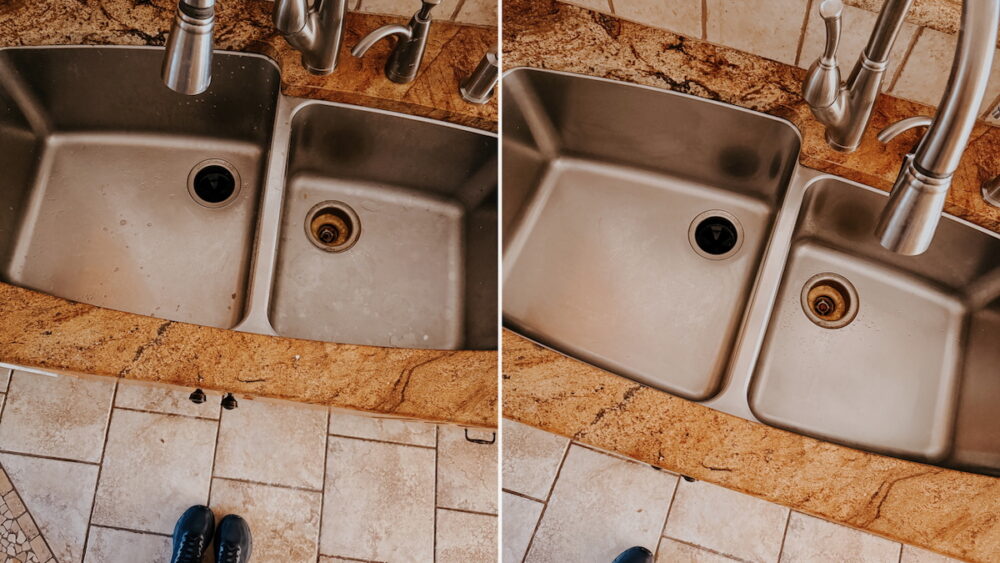 before and after of cleaning stainless steel sink