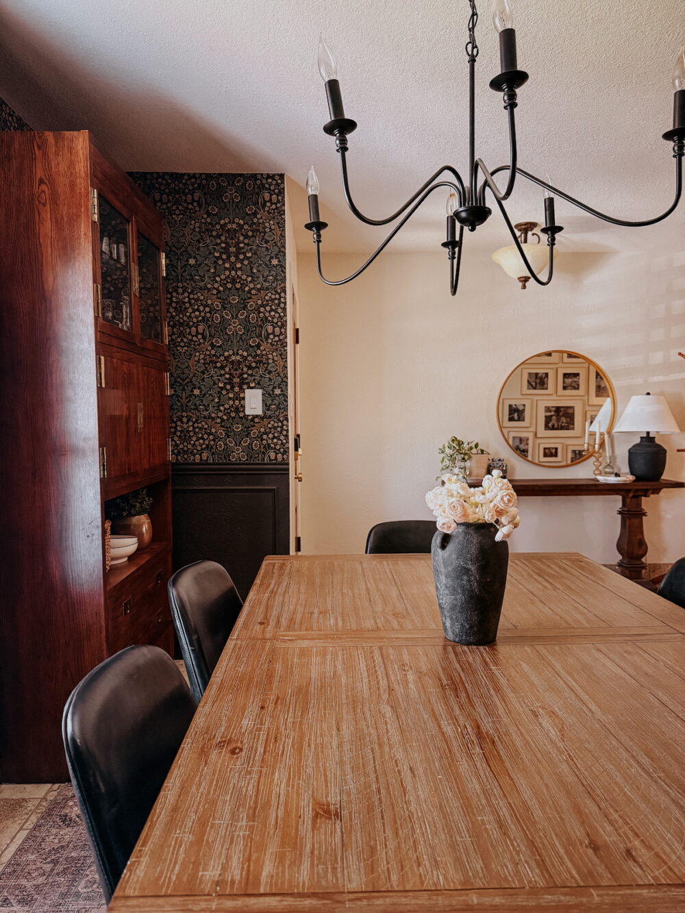 dining room chandelier and bar. cabinet