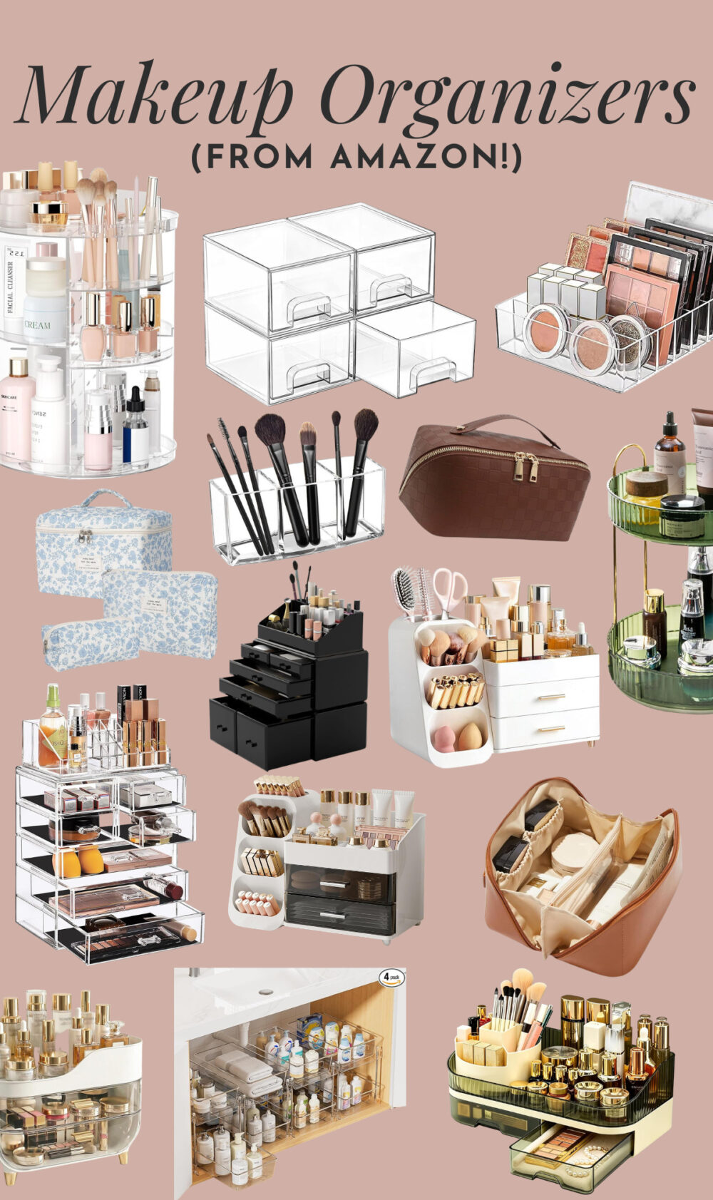 collage of makeup organizer options from Amazon