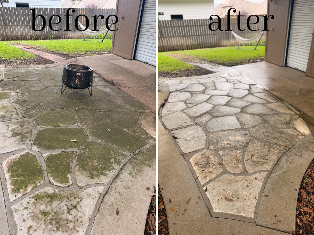 side by side images that show the before and after of cleaning a stone walkway using a pressure washer