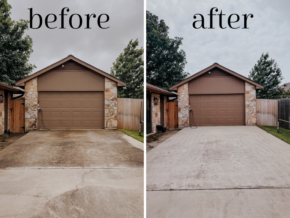 a side by side image showing the before and after of pressure washing a driveway