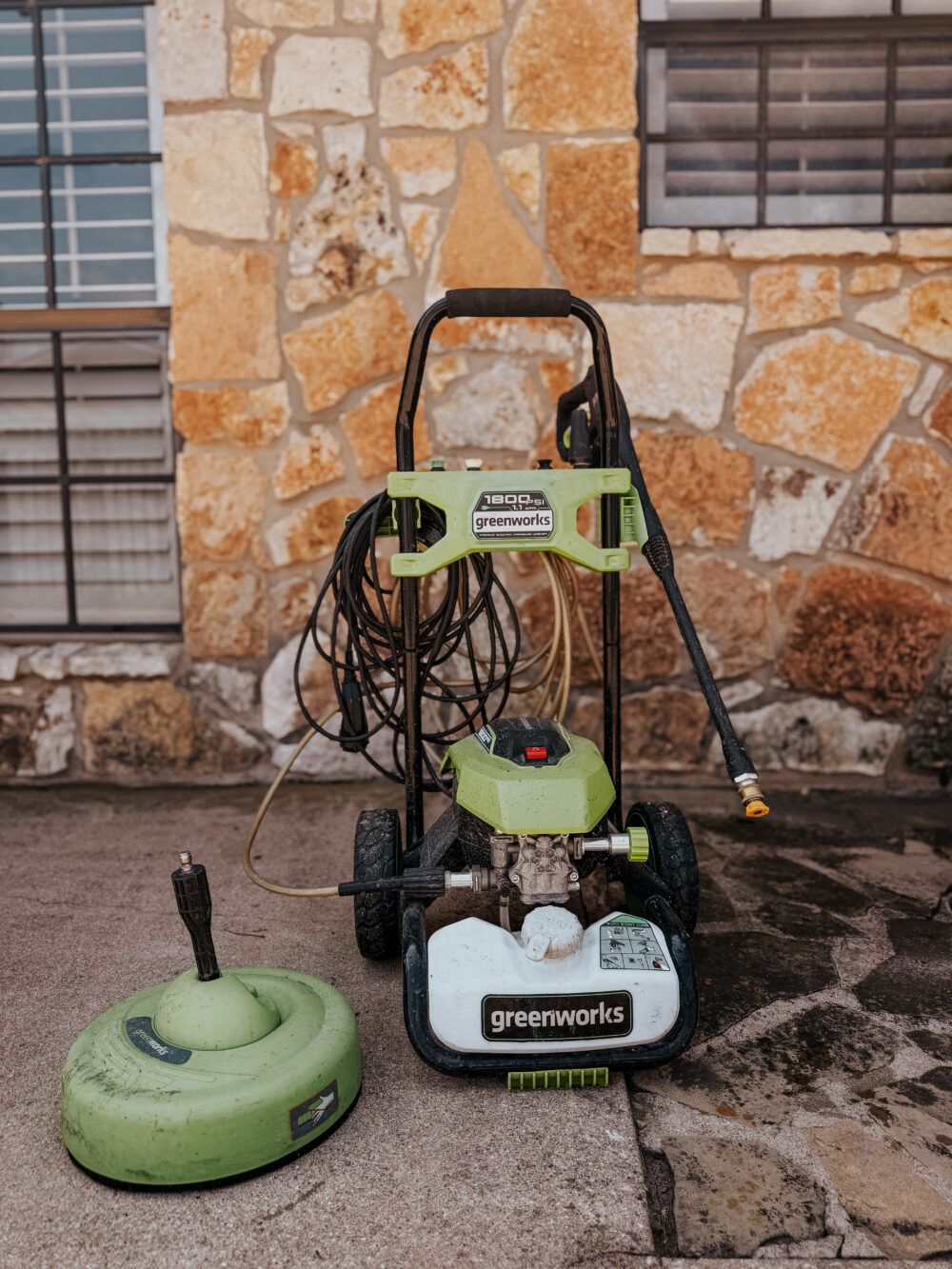 close up of upright Greenworks 1800 PSI pressure washer