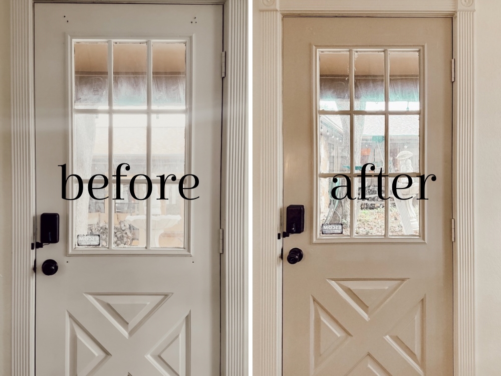 side by side before and after of an exterior metal door with holes that have been patched and the door painted