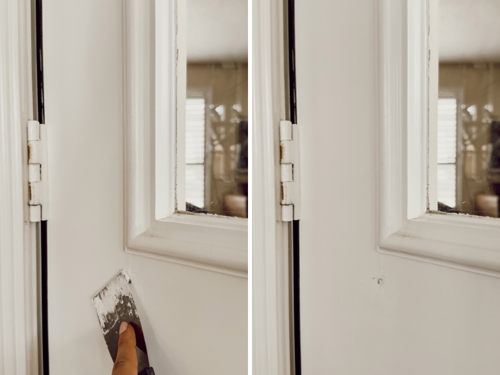 side by side images of a close up of using patching compound to patch a hole in a metal door
